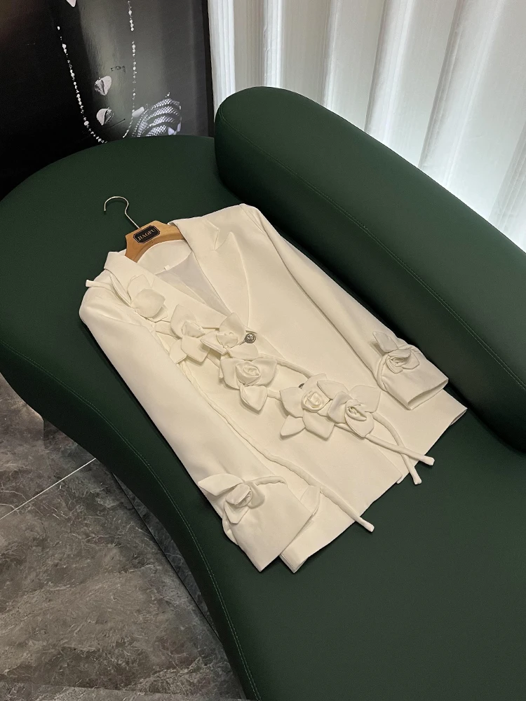 

Faionable Bla White Heavy Work Loose Women's Suit with Water Diamond Decoration Commute Sle Long Sve Formal Wear