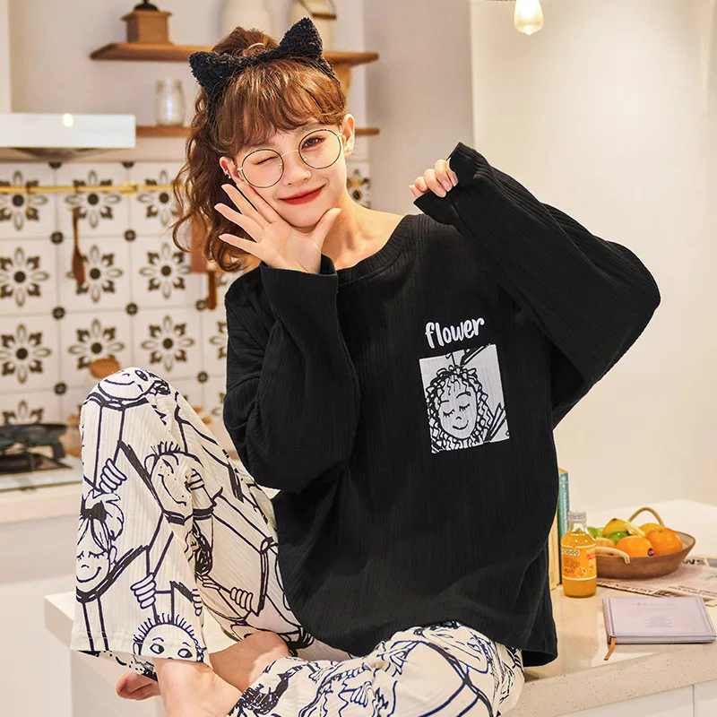 New Ladies Pajamas Two-Piece Spring And Autumn Pajamas Female Long-Sleeved Cute Cartoon Loose College Style Homewear Female Suit