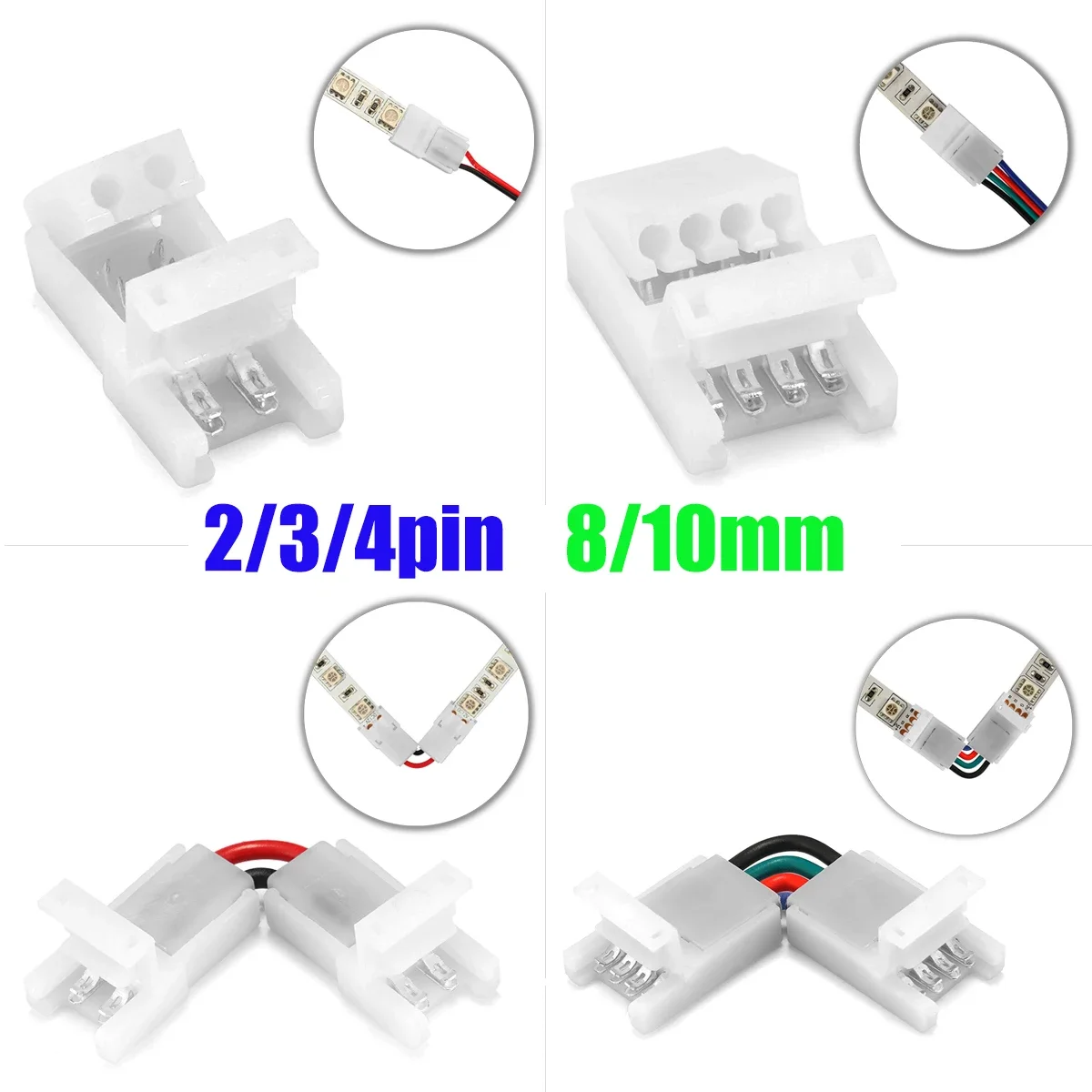 8mm 10mm LED Strip To Wire Connector 2 3 4 Pin LED Strip Terminal Connector for 2835 3528 5050 WS2812B RGB LED Strip Light