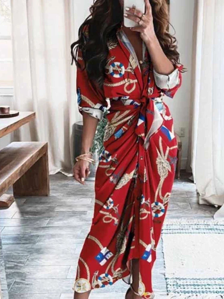 Summer Bandage Shirt Women Fashion Button Ruched Dress Casual Short Sleeve Printed Dress Female Elegant Party Dress Robe