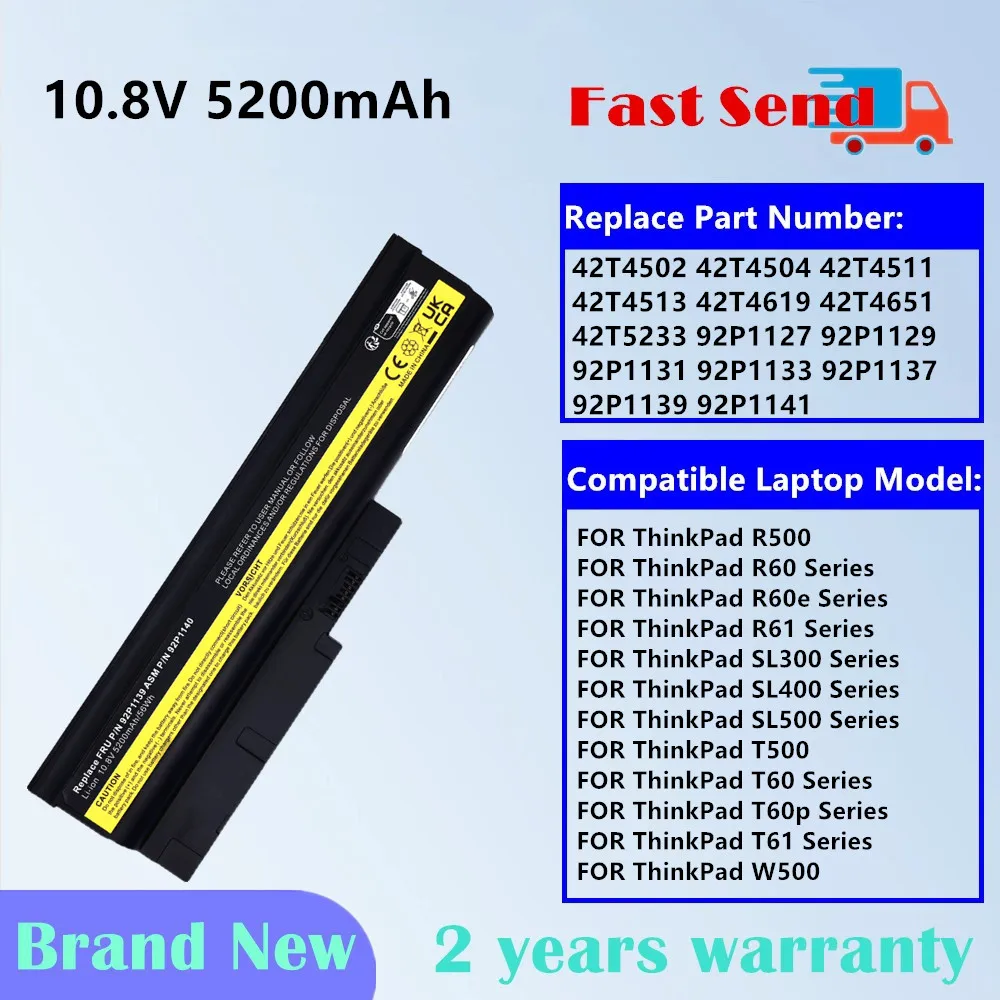 

Laptop Battery for Lenovo ThinkPad R500 R60 R60e R61 R61e R61i SL300 SL400 SL500 T500 T60 T60p T61 T61p W500 Z60m Z61e Z61p