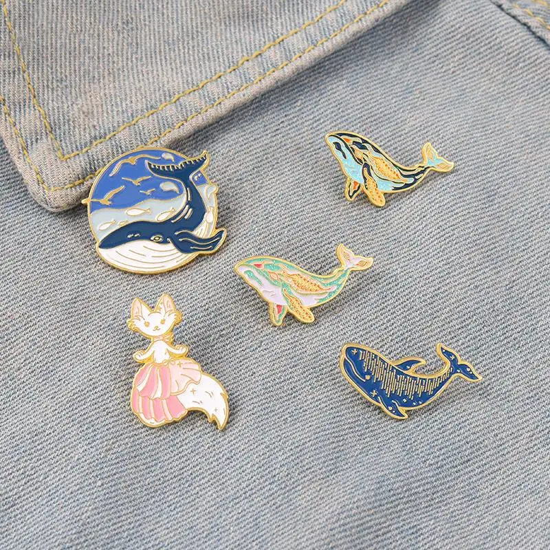 Dreamy Humpback Whale Brooches Cat Mermaid Aniaml Art Metal Badges Bag Clothes Pins Up Jewelry Gifts Whale Enamel Pin