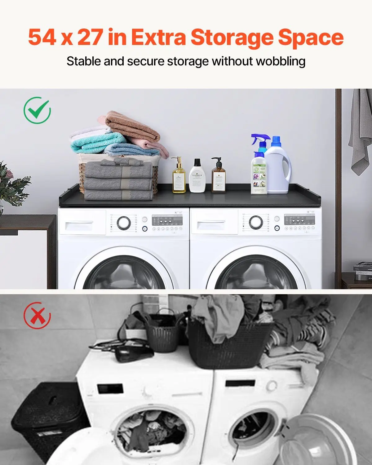 Fold-Over Laundry Countertop 54x27.5in, High Strength Wood Material, 250lb Rating, Tool-Free Setup, Black