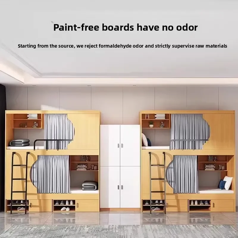 Modern Wooden Bunk Beds Loft Bed with Storage Guardrail for Hostel Apartment Student Dormitory Bedroom Furniture