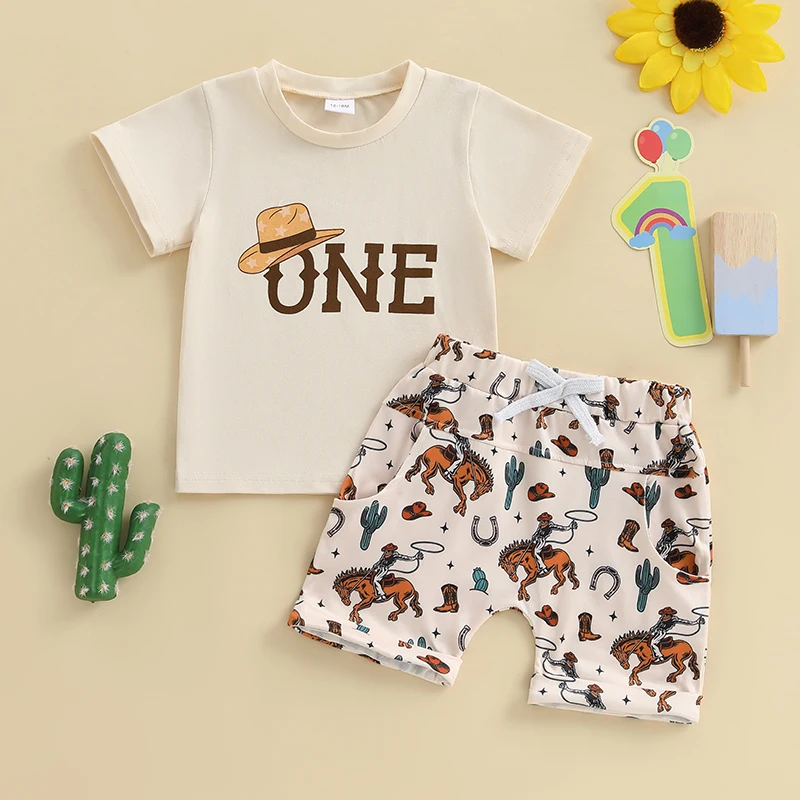 Toddler Boys Birthday Outfits Cute Cartoon Print Short Sleeves T-Shirt and Comfortable Elastic Waist Shorts Set for 2 Piece