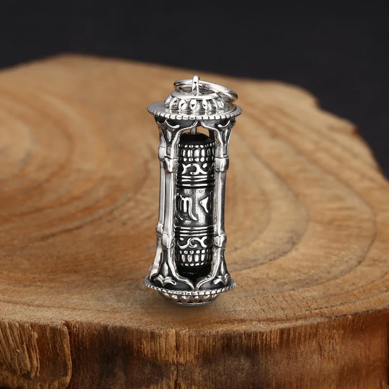 

S925 Sterling Silver Six Words Pendant Black Color Old Process Rotatable Prayer Wheel Unisex Fine Jewelry FYNE344