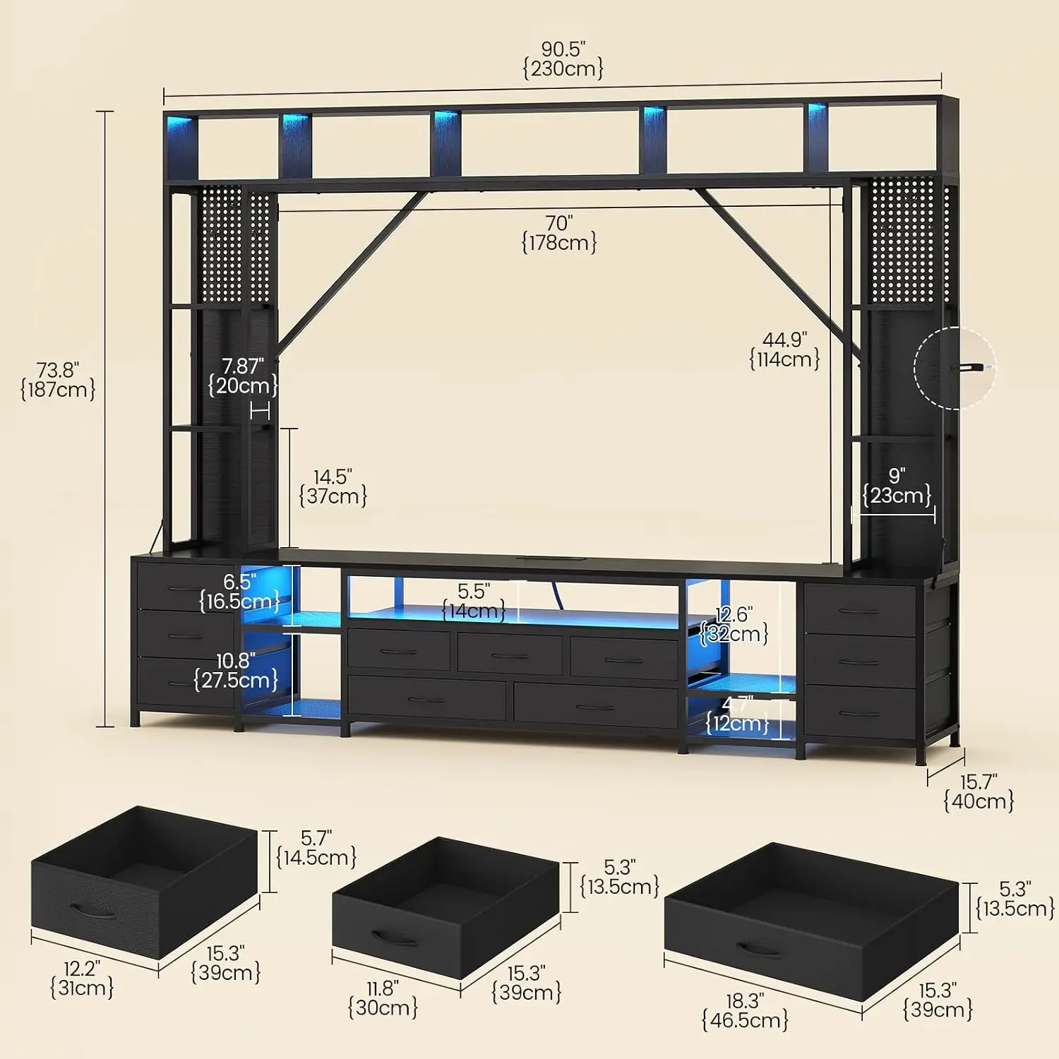 Large Entertainment Center with 11 Fabric Drawers & LED Lights, Wall Unit TV Stand for Living Room Bookshelves for TVs up to 45
