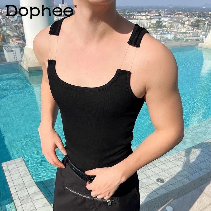 

Men's 2025 Summer New Niche Design Stylish Vests Male Sexy Slim Fit Tank Tops Men's Fashion Invisible Shoulder Strap Unique Tops