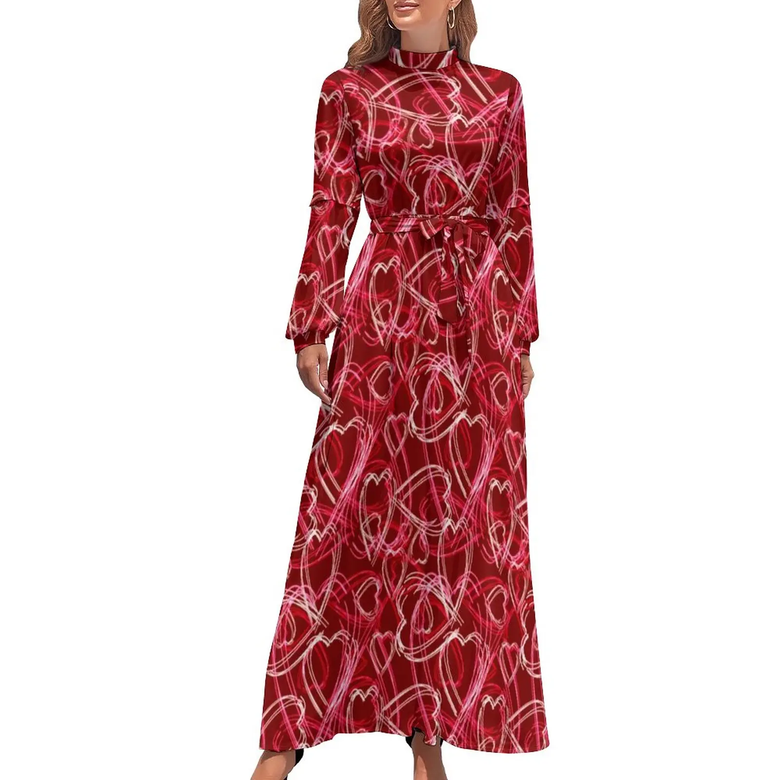 Trendy Heart Print Dress Long Sleeve Abstract Red Hearts Elegant Maxi Dress High Waist Stylish Trendy Bohemia Long Dresses Gift