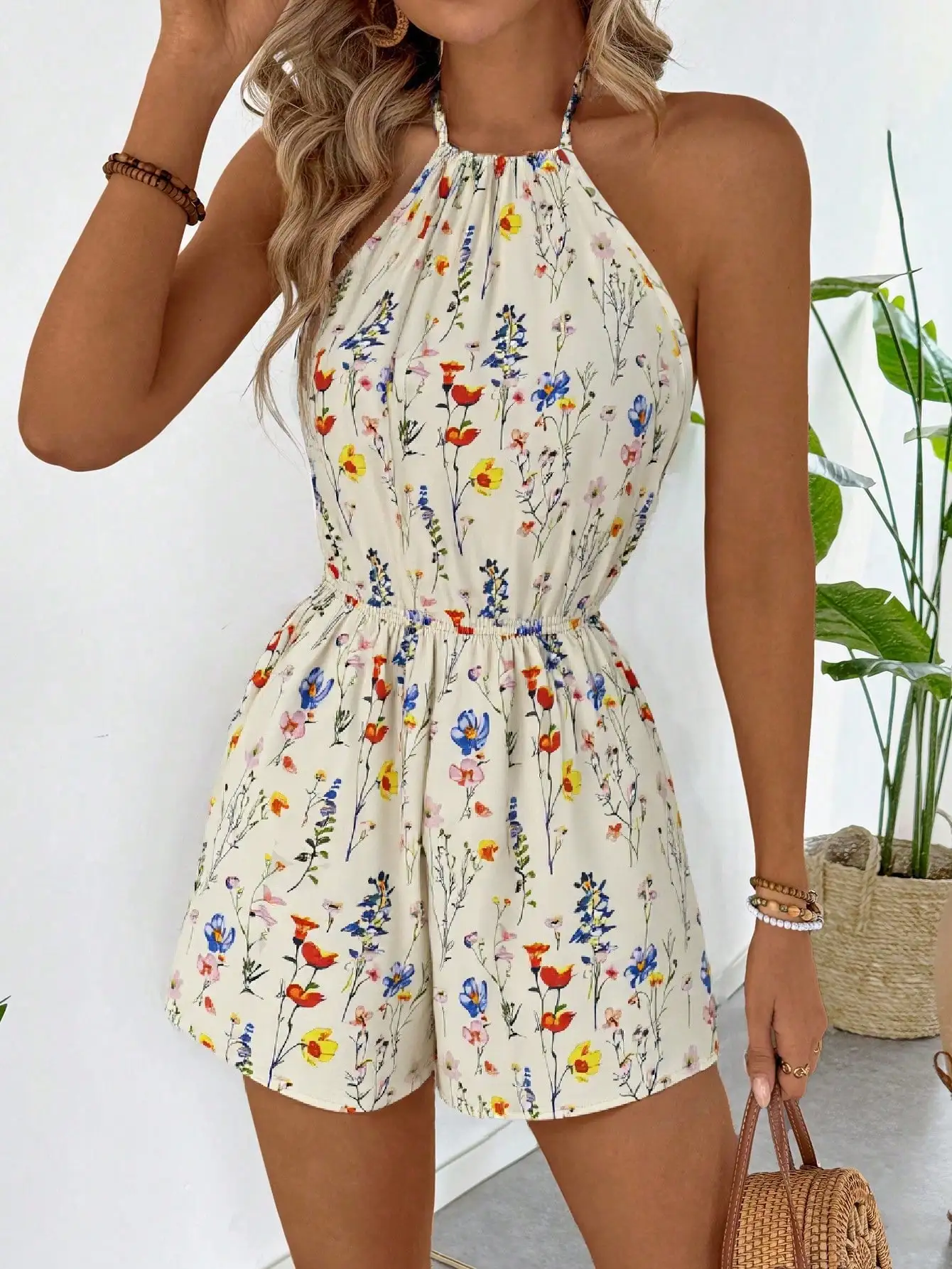 

Women's Spring Summer Floral Print Halter Romper 2025 Sleeveless Halter Neck Elastic Waist Casual Vacation Shorts Jumpsuit