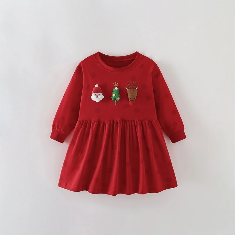 Cotton Girls' Long Sleeved Dress Christmas Cartoon Embroidery Reindeer Autumn and Winter Outdoor Party Plush Dress Kids Clothes