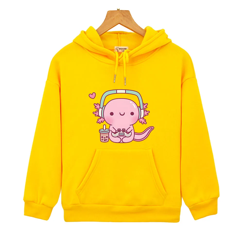 Cute Axolotl Playing Video Games Hoodie Cartoon Gamer Funny Print Sweatshirt Kids Clothes Boys Girl Clothing Y2k Winter Pullover