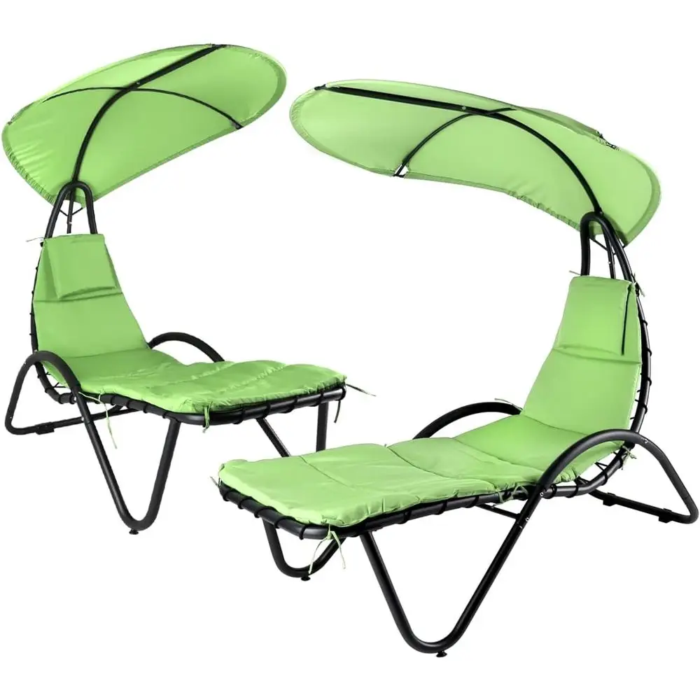 

Зеленый уличный шезлонг с подвесным гамаком, солнцезащитным козырьком, широким зонтом и подушкой для отдыха на заднем дворе или у бассейна