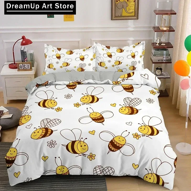 Cartoon Bee Duvet Cover King Queen Lovely Yellow Flying Animal Bedding Set for Boys Girls Beautiful Flowers Comforter Cover
