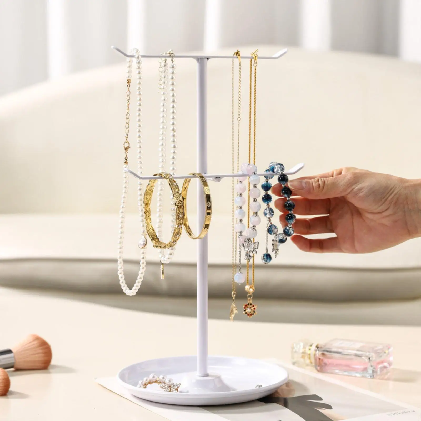 Jewelry Display Stand Double Tier Metal Organizer Necklace Holder Tray Storage Solution for Bedroom Vanity