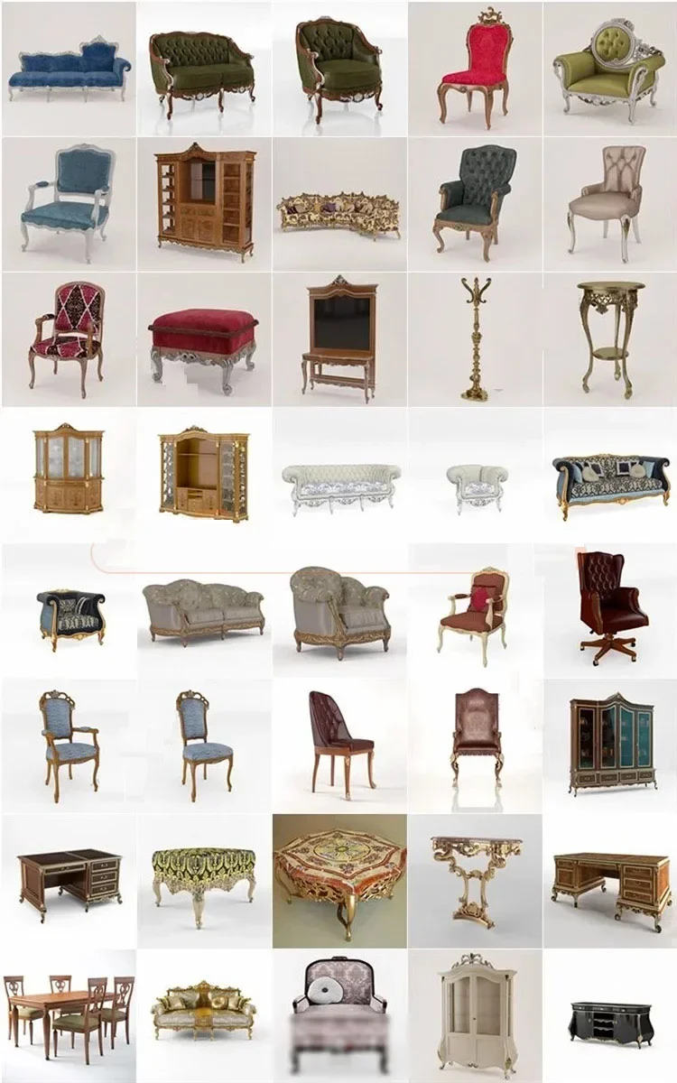 140 Pcs 3D Furniture Bund Model Relief European Chair Sofa Cabinet Table Carved 3DMAX model C4D Rhino Blender Material