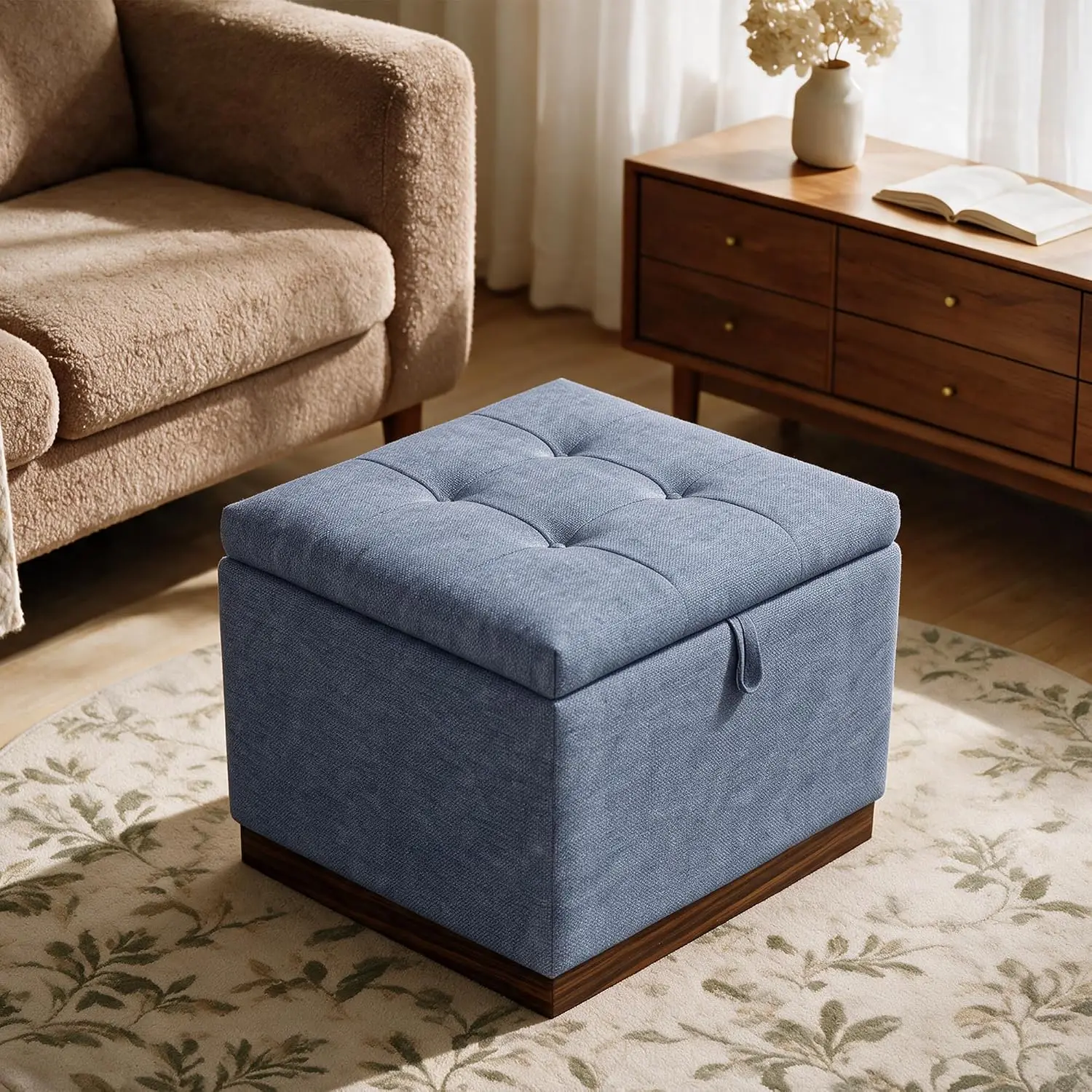 21.6'' Storage Ottoman Coffee Table, Square Upholstered Ottoman with Reversible Wood Tray Top, 19.8 Gal Hidden Storage, Tufted L
