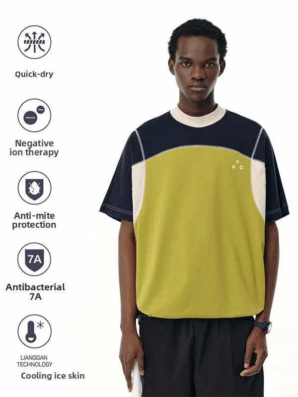 

High Street Spliced Color Blo ort Sve T-irt Men's round Ne f Sve Qui Dry Summer Cool Feeling Cotton Top