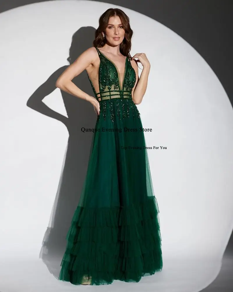 Qunque Sexy Deep V-neck Prom Dresses Tiered Floor-Length Elegant Formal Party Evening Gown Customized Lace Beaded فساتين السهرة