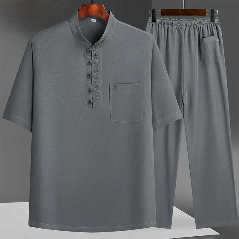 ice-silk-short-sleeve-summer-set-for-men-stand-collar-t-shirt-chinese-style-grandpa-top-quick-dry-knitted-polyester-fabric