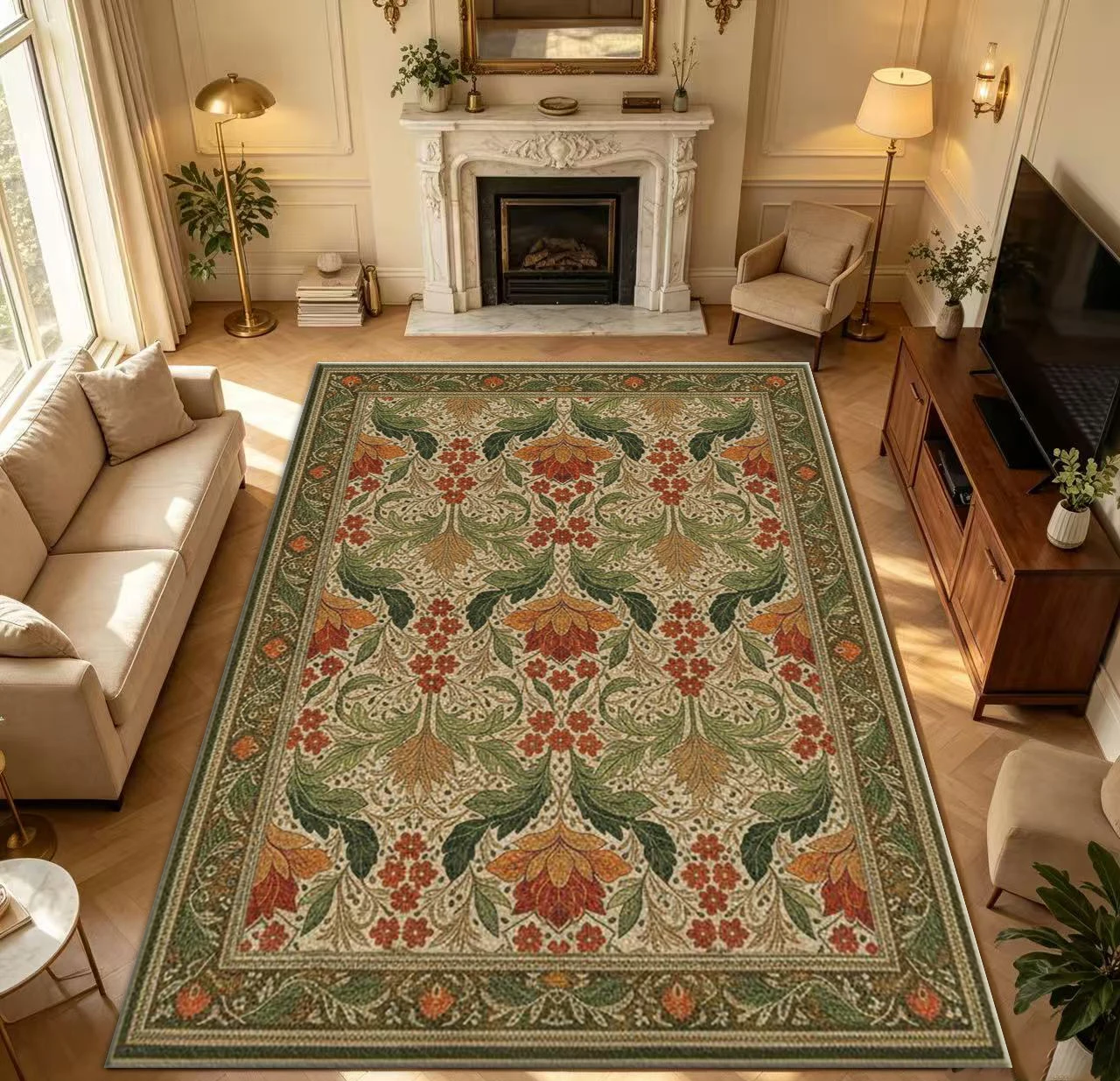 Square Retro Floral Plant Area Rug Non-Slip Washable Square Carpet For Living Room Bedroom Home Decor