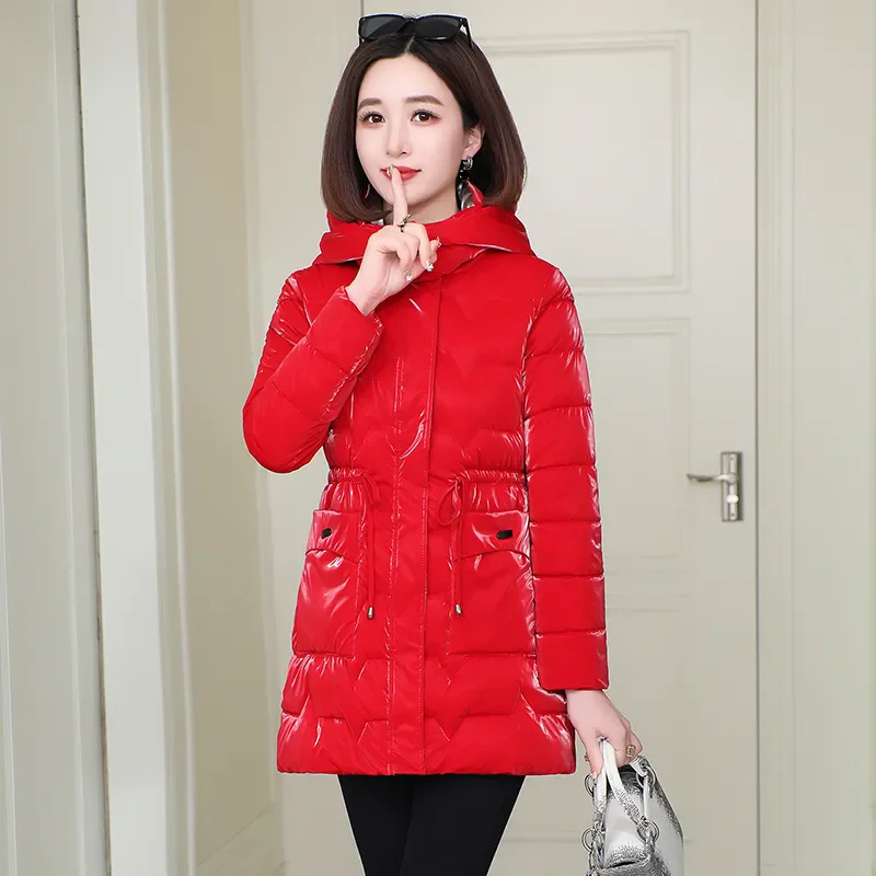 

Winter Glossy Snow Jacket Women's Down Cotton Slim Hooded Coat Mother Warm Mid Long Overcoat Fashion Female Thicke Parkas Jacket