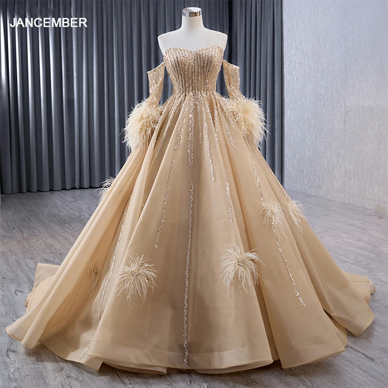 

Jancember Brand New Promotion Long Evening Bridesmaid Dress Ball Gown Strapless Court Train Sequins Feathers فستان سهرة نسائي