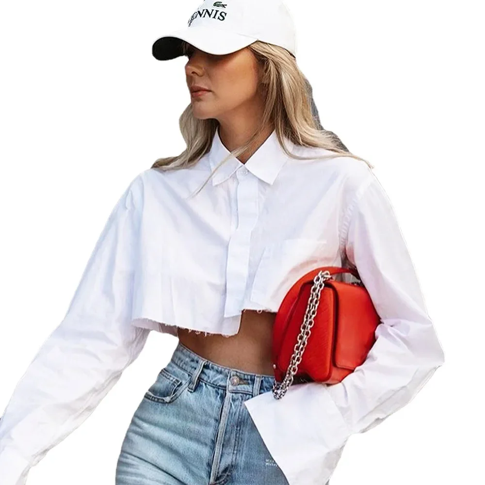 Street women's clothing 2024 autumn new thin top long sleeved short design feeling exposed belly white shirt for women YBF33-3