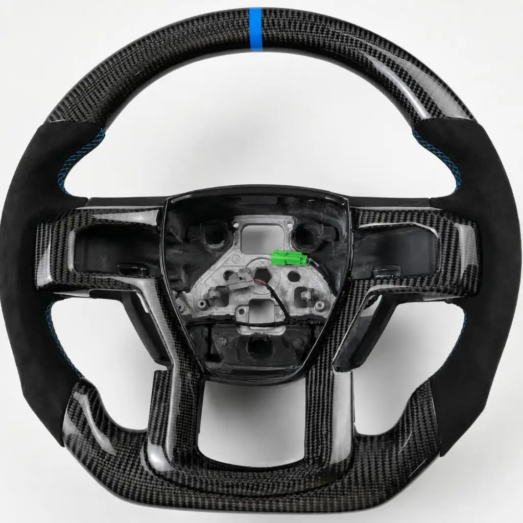 Real Carbon Fiber Steering Wheel W/Heated For Ford F150 Raptor 2015-2020 Blue Stripe Perforated Leather