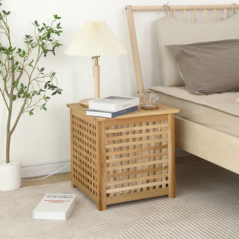 Solid wood bedside table Wooden storage Japanese grid storage edge removable storage cabinet