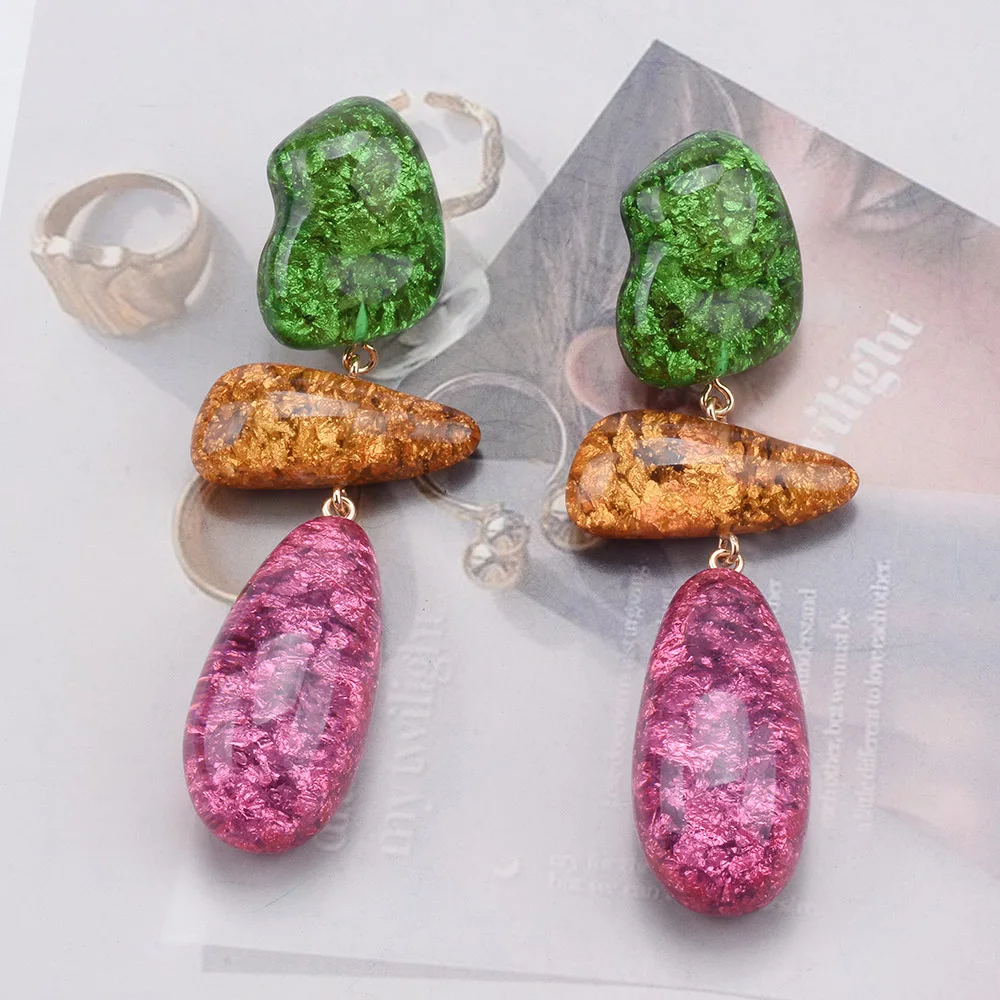 2026 جديد ملون الأخضر روز الراتنج الثلاثي طويل استرخى أقراط النساء الهندي بوهو العرقية بيان كبير قطرة الماء القرط مجوهرات