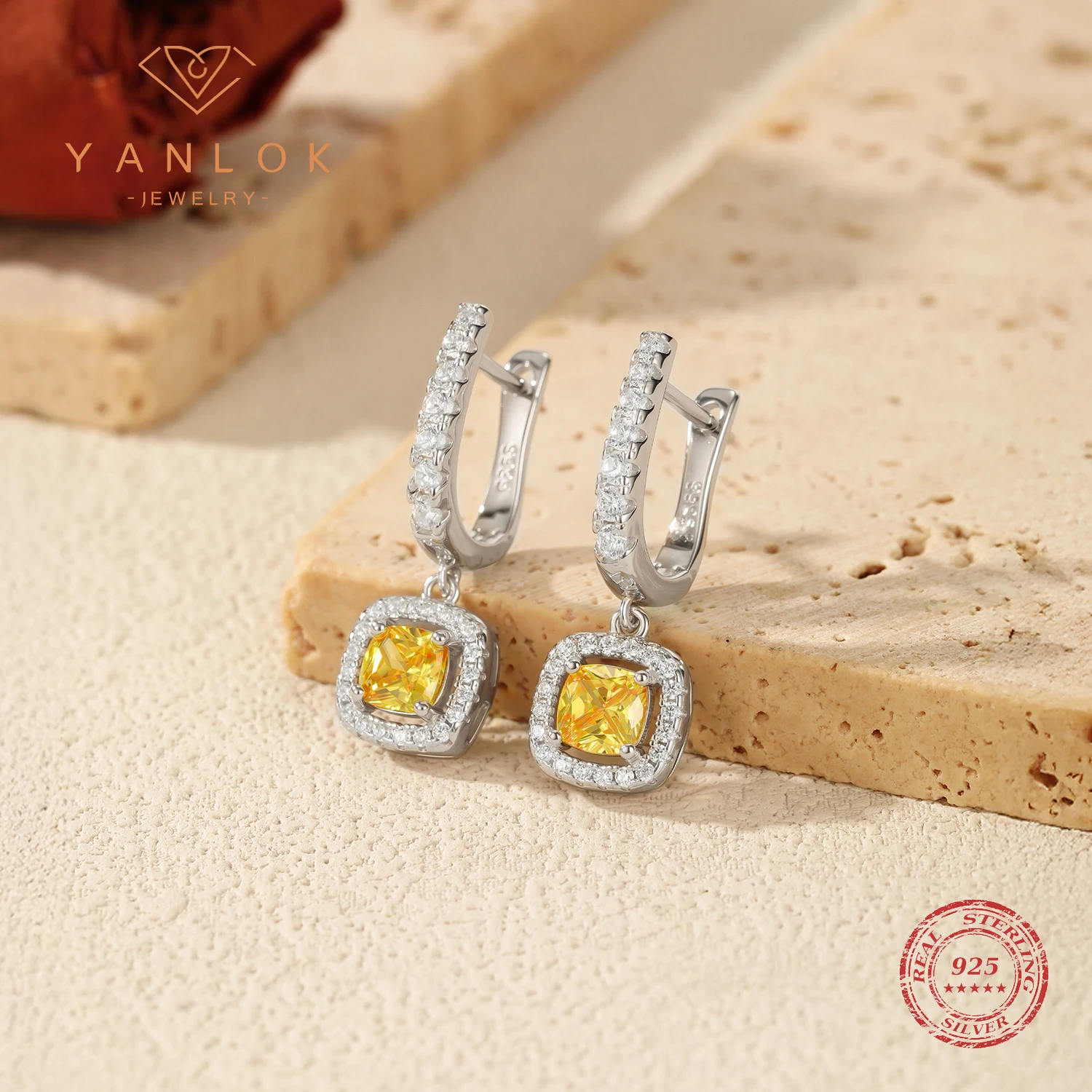 

YANLOK 925 Sterling Silver Sparkling Yellow CZ Halo Earrings Exquisite Square Swing Hoop Earrings For Women Fine Jewelry
