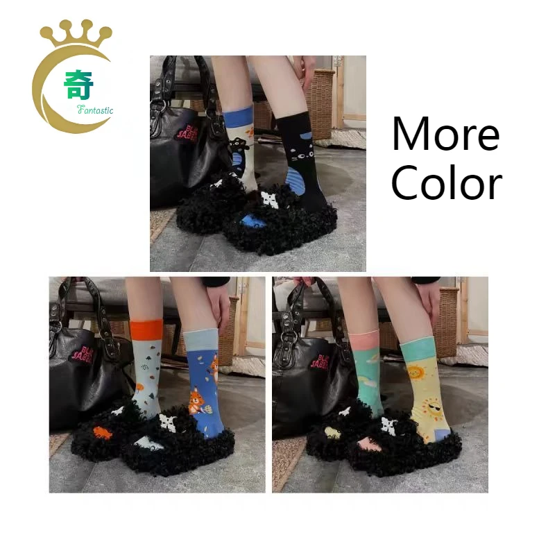 

Contrasting Color Personalized Outer Wear Socks Women's Asymmetric Cartoon Fun Socks, Creative Street Couple Medium Tube Socks