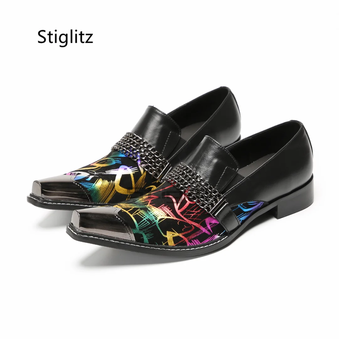 Genuine Leather Prints Chain Shoes for Men Cowhide Patchwork Metal Pointed Toe British Style Slip On Office Business Dress Shoes