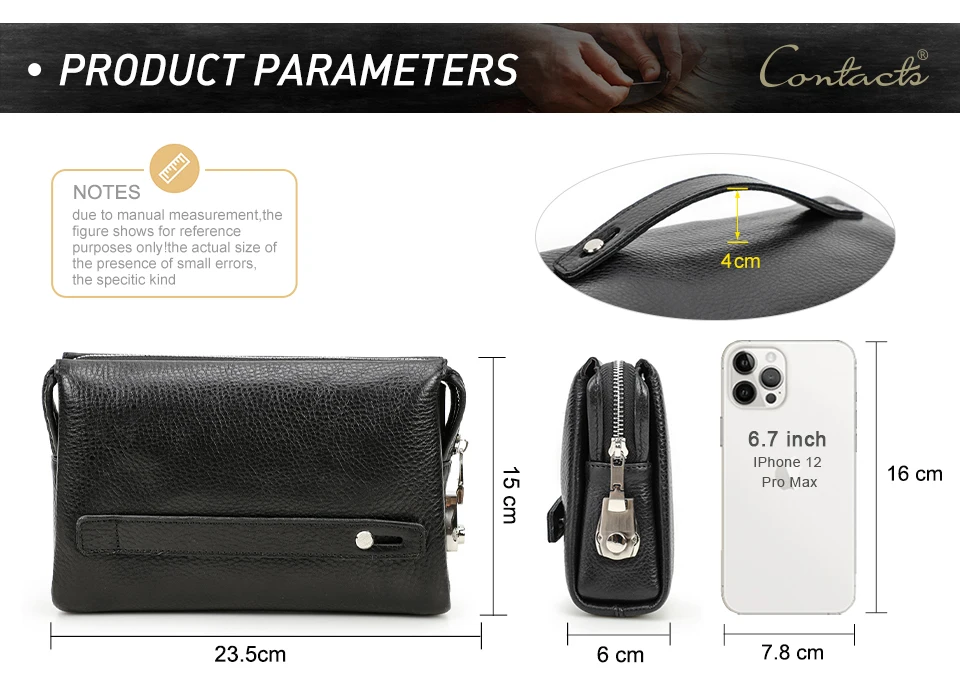 CONTACT'S Herren-Clutch mit Passwortschloss-Design, Langlebige Handtasche mit Reißverschluss, Herren-Geschäftslangbörse aus Echtleder, Handytasche – Detail 3