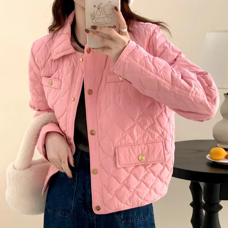 Autumn Winter White Duck Down Jacket Women Pink Fashion Gold Button Design Casual Ultralight Warmth Puffer Coats Female