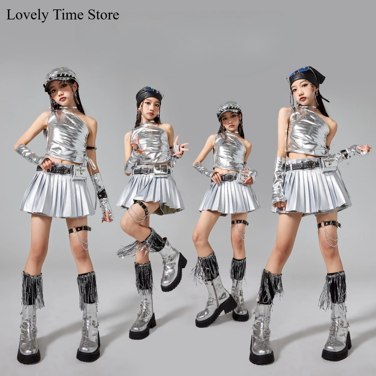 

Серебряный укороченный топ на бретелях для девочек, шорты с пайетками, блестящие юбки, детский комплект одежды в стиле хип-хоп, джаз, детская уличная одежда, групповой костюм для девочек