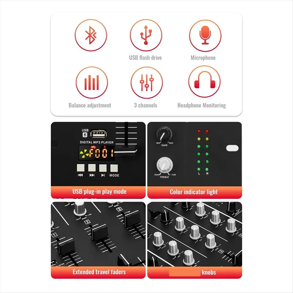 tingok 3-Channel USB DJ Mixer with Built-in Audio Interface 3-Band EQ Microphone Input and Replaceable Crossfader US Plug