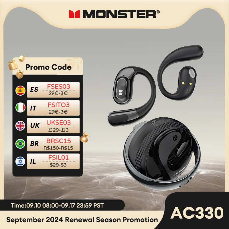 Original Monster AC330 Wireless Bluetooth 5.4 Headset Ear Clip Dual Mode Earbuds HiFi Sound IPX5 Waterproof Sport Earphones New