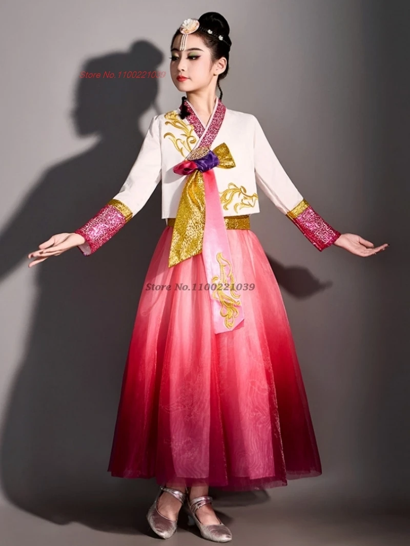

2025 korean hanbok children folk dance dress flower embroidery tops+skirt set retro stage performance wear party dance costume