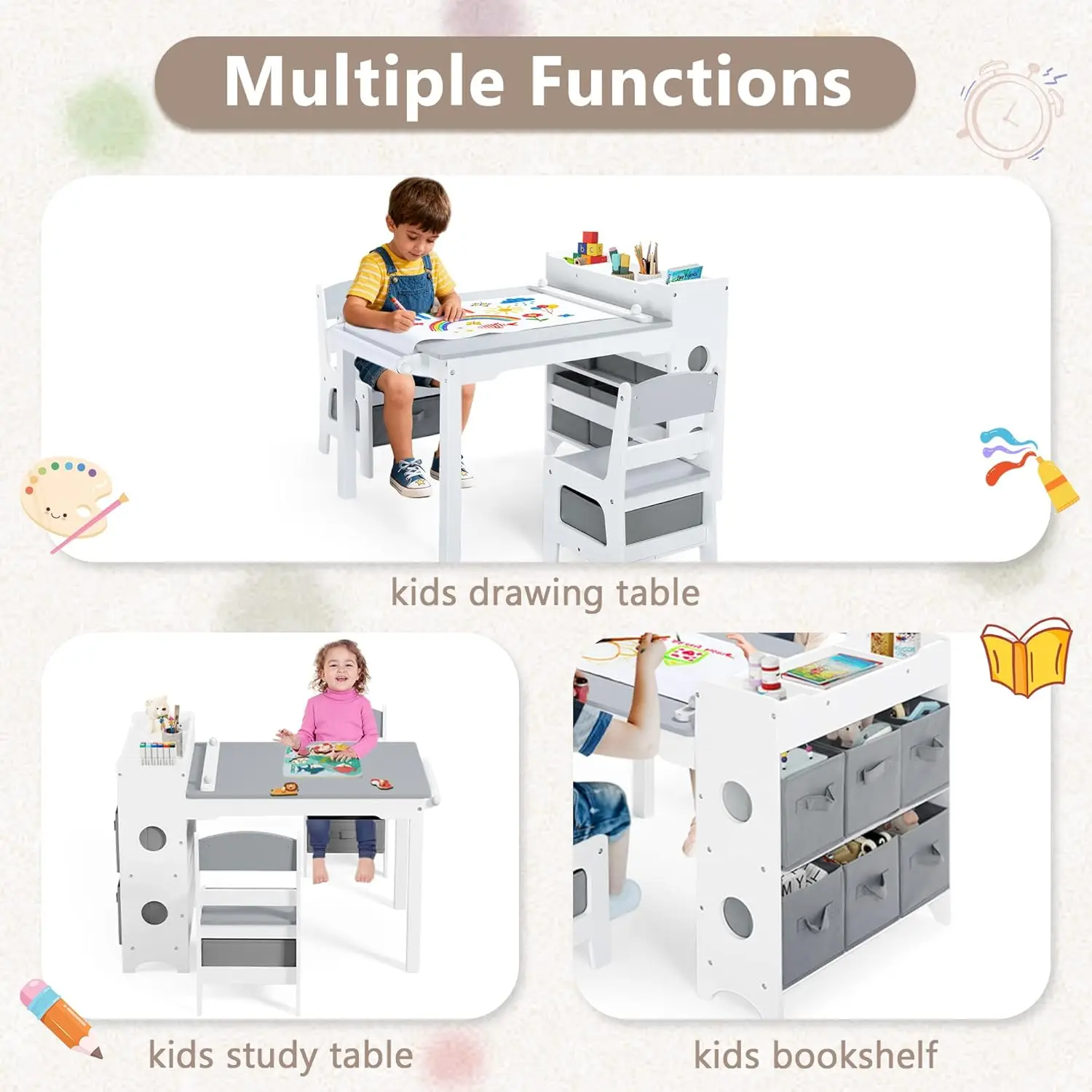 Kids Art Table & Chair Set, Wood Toddler Activity Table for Kids Drawing, Reading, Studying, Crafting, Playing, 8 Removable Bins, Paper Roll for Playroom, Nursery, Grey