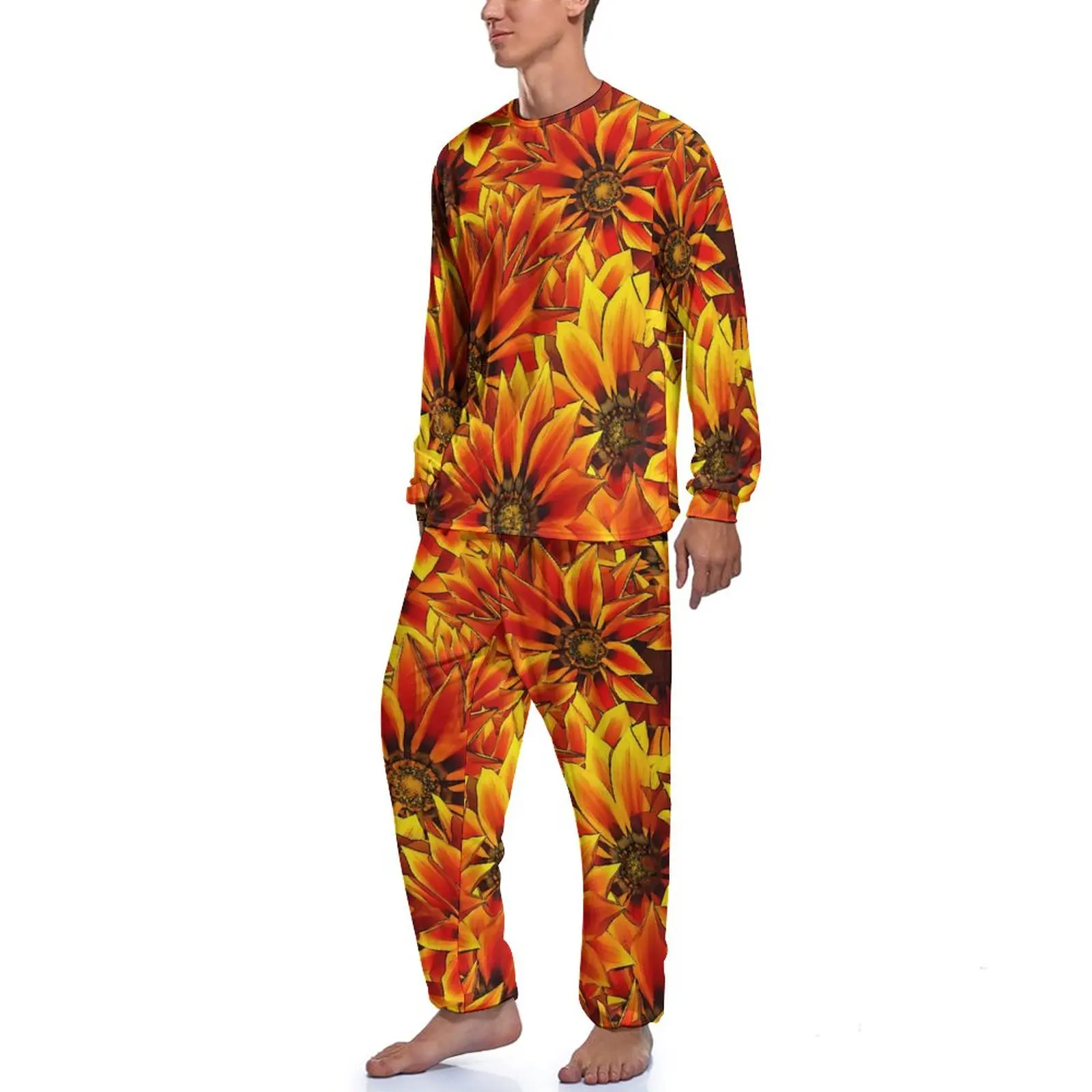 Orange Sunflower Pajamas Flowers Print Man Long Sleeve Cool Pajamas Set 2 Pieces Night Spring Design Nightwear Birthday Gift