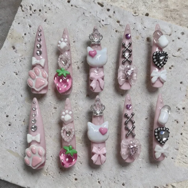 Nuevas 10 piezas de uñas postizas de princesa gato, rosa y blanco, Y2K, suaves y lindas, para chicas, subcultura, desmontables, herramientas de manicura 3