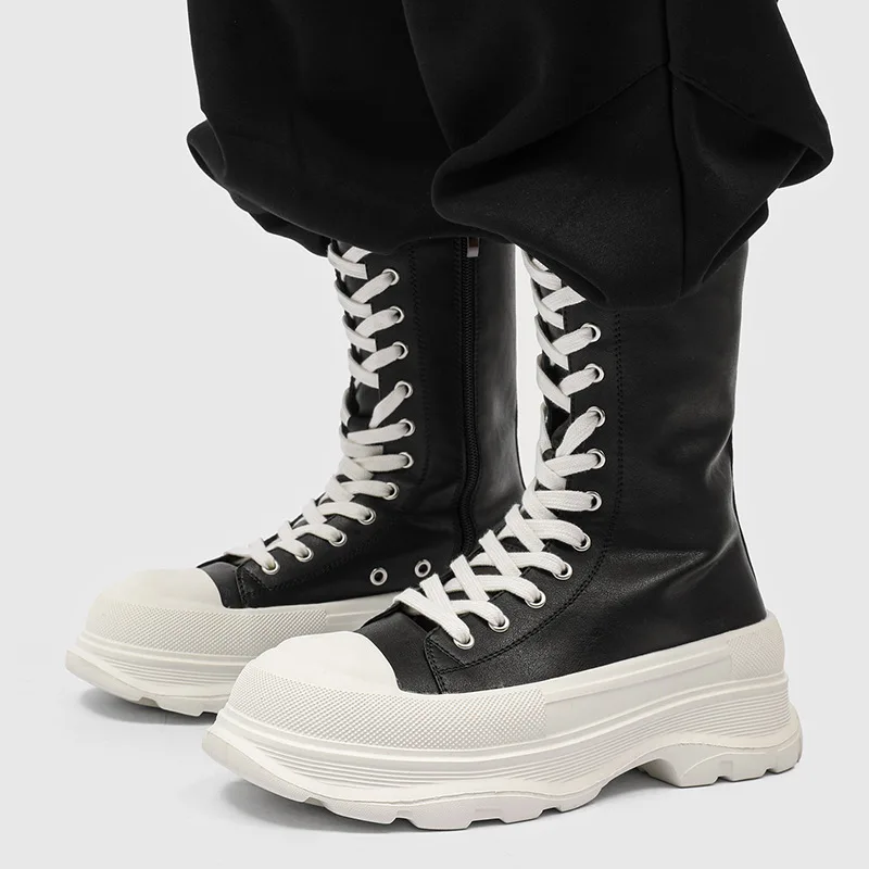 men fashion punk cosplay high motorcycle boots lace-up designer shoes cowboy original leather boot long platform knight botas view 3