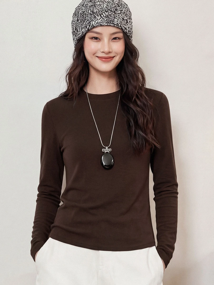 2026 Fall Women Lyocell Wool Blend Long Sleeve Tee Soft Basic Slim Fit Elegant Layering Undershirt Tops