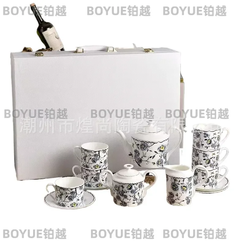 15 Piece Bone China Coffee Set European Style Teapot Cup Saucer Simple Household Tea Service Elegant Gift for Housewarming