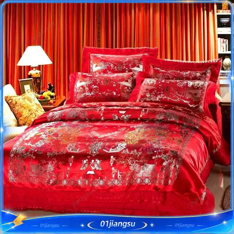 Chinese Wedding Satin Bedding Set 4 Piece Red Dragon Phoenix Baizi Pattern Luxury Bridal Quilt Cover Sheet Pillowcase Home
