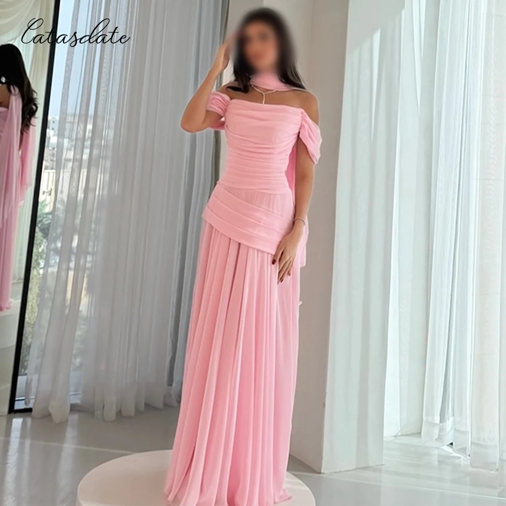 Catasdate A Line Evening Dress with Scarf Chiffon Prom Dress Multilayers Pleated Party Dress vestidos de fiesta Customized