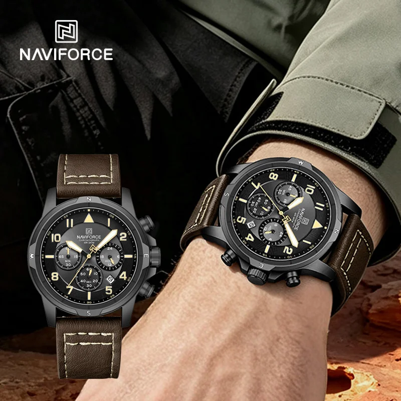 NAVIFORCE Male Stylish Chronograph Wristwatch Quartz Waterproof Genuine Leather Strap Clocks Retro Daily Outdoor Watches for Men