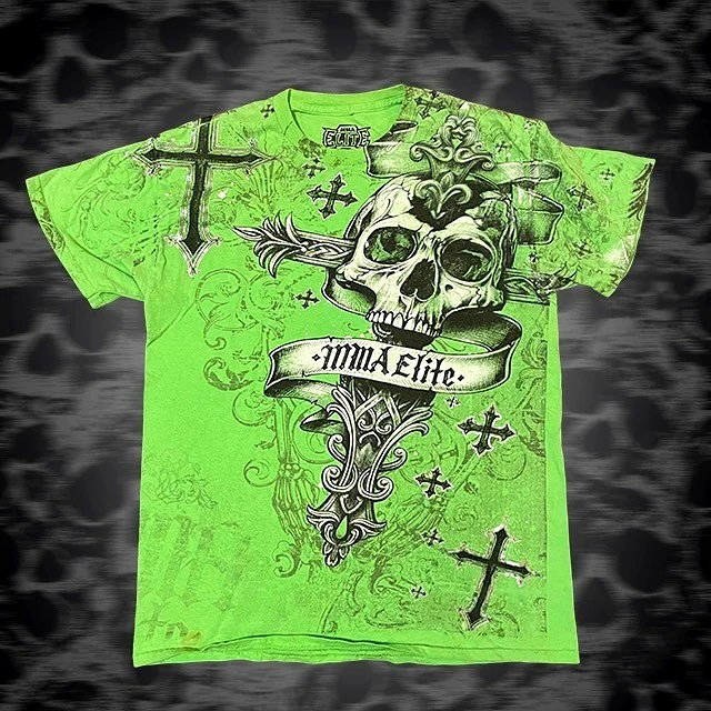 MMA ELITE Cross Skull Print Green Y2K T Shirt Men Loose Fit Streetwear Graphic Tee Oversized Glow Dark Party Ins Popularity Tops
